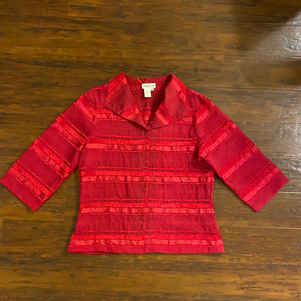 Coldwater Creek 3/4 Sleeve Red Button-Front Textured Stripe Blouse Size M